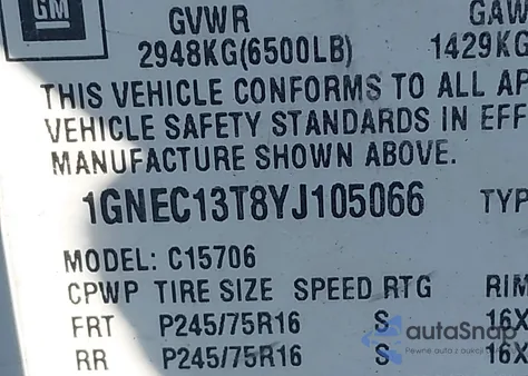 2000 Chevrolet Tahoe C1500 z USA, uszkodzony, nr VIN 1GNEC13T8YJ105066